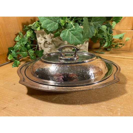 Vintage Silverplated Sheffield Reproduction Covered Platter | DSP Co. | NS  4410 | Oval Serving Platter w/ Hammered Silver Finish | Academia
