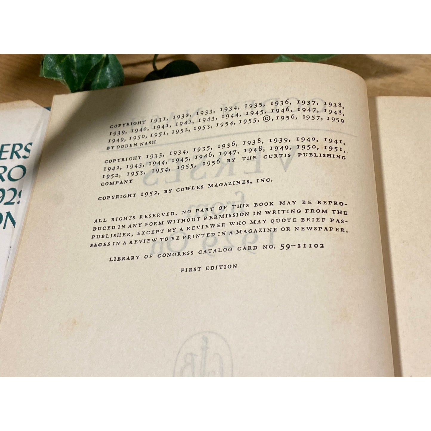 Vintage Book: Verses From 1929 On | Ogden Nash | 1959 | Hardcover Poetry Book with Dust Jacket | Collection of Humorous Poems By Ogden Nash