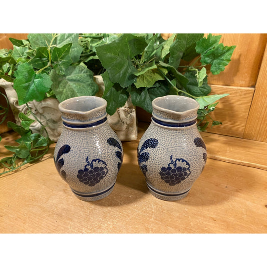 Vintage Salt Glazed Pottery Pitchers - Set of 2 | Gray + Blue | Stoneware Pottery Pitchers with Grapes and Leaves | Farmhouse Kitchen Decor