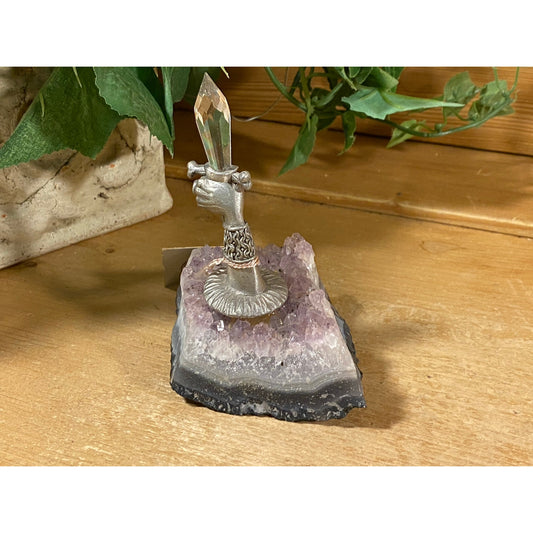 Vintage Pewter + Crystal Arm with Sword Figurine on Amethyst Stone Base | Spoontiques | New with Tags | Fantasy | Mythical | Mystical Decor