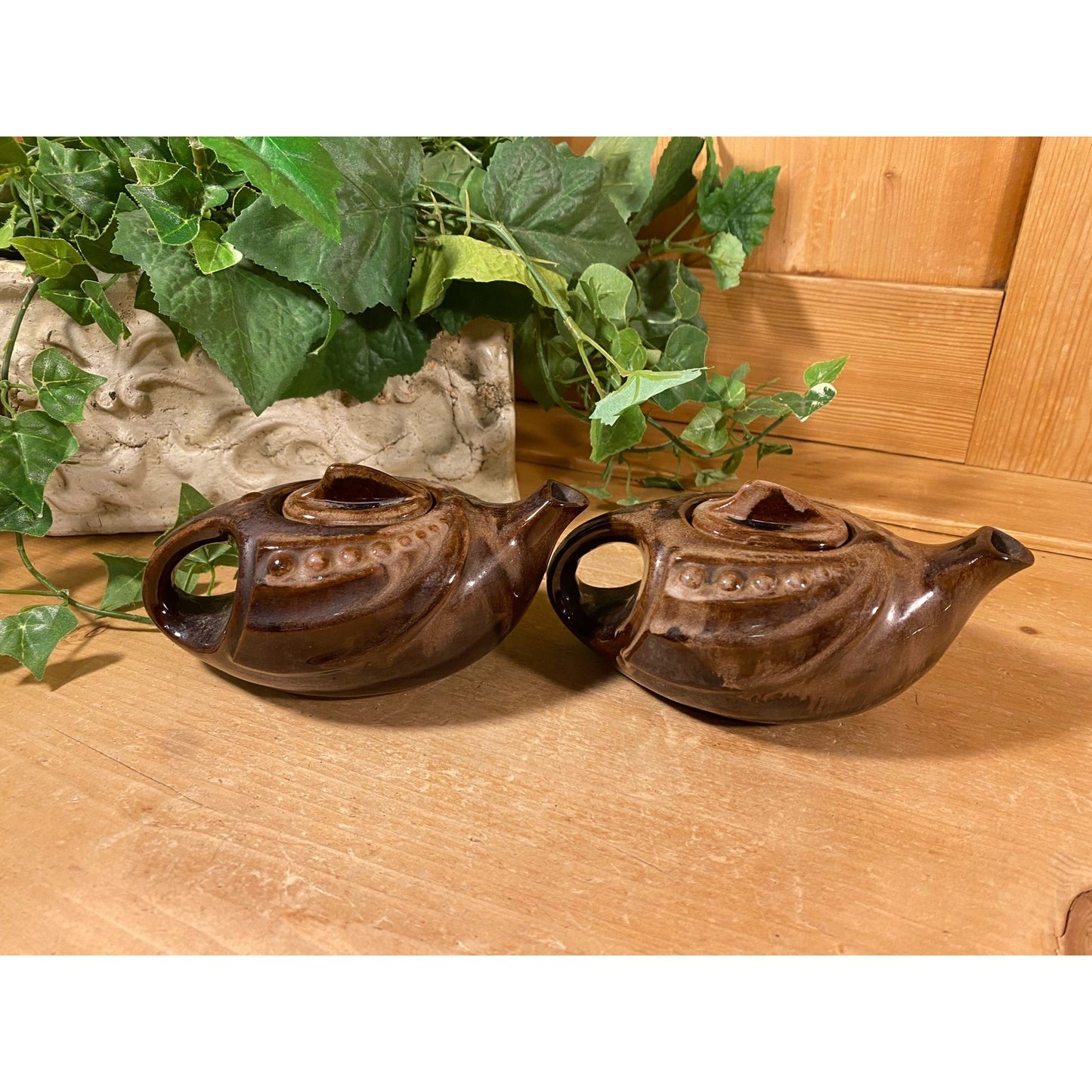 Vintage Brown Drip Ceramic Teapots - Set of 2 | Aladdin / Genie Teapot | Pair of Brown Pottery Teapots | Boho Kitchen Decor | Bohemian Decor