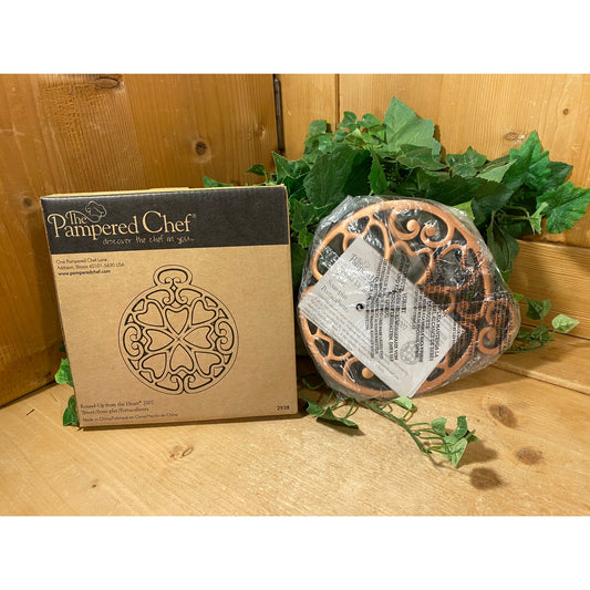 Vintage Pampered Chef Coppertone Metal Trivet | NEW Old Stock - In Box | Round-Up From the Heart | Farmhouse Kitchen Decor | Cottagecore