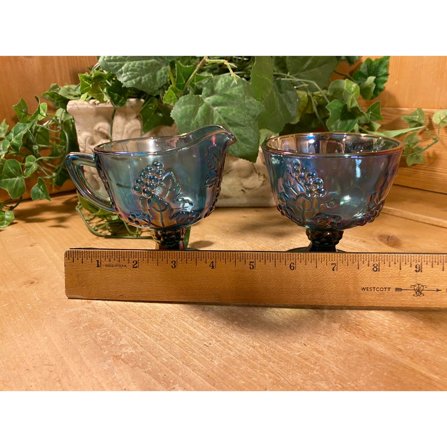 Vintage Harvest Grape Blue Carnival Glass Cream + Sugar Set | Indiana Glass | Shabby Chic | Iridescent Glass Cream Pitcher and Sugar Bowl