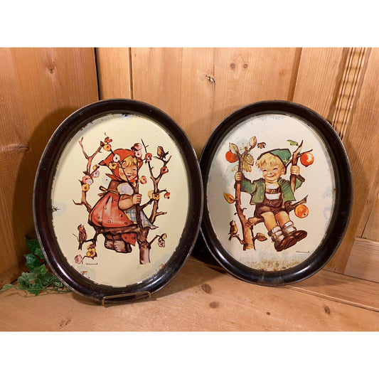 Vintage Whimsical Hummel Trays - Set of Two | Oval Metal Serving Trays with Boy and Girl in Trees | Hummel | Midcentury Modern Wall Decor