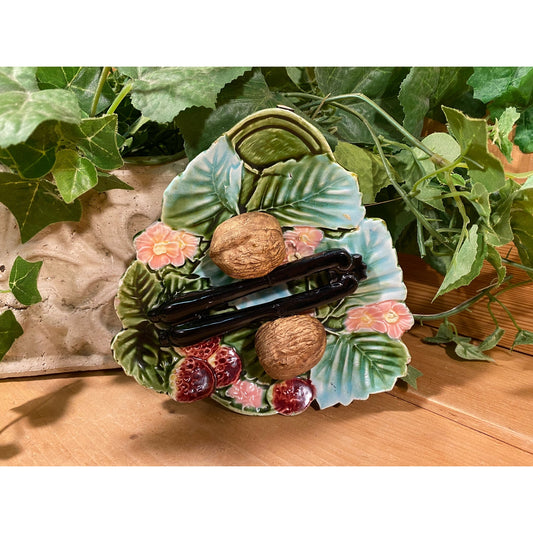 Vintage Handpainted Majolica Dish with Ceramic Leaves, Nuts, and Nutcracker | Midcentury Modern Table Decor | Cottagecore Leaf Trinket Dish