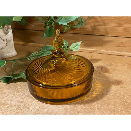 Vintage Swirled Amber Glass Candy Dish with Cover  | Trinket Dish | Amber Glass Compote Dish | 1970s Table Decor | Midcentury Modern Decor