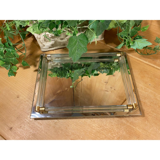 Vintage Square Mirrored Dresser Tray | Art Deco Vanity Decor | Glass Mirror Vanity Tray with Metal Trim | Midcentury Modern Dresser Decor