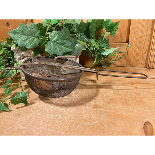 Vintage Metal Sifter with Green Wooden Knob | Rustic Mesh Sieve or Strainer | Primitives | Farmhouse Kitchen Shelf Decor | Primitive Decor