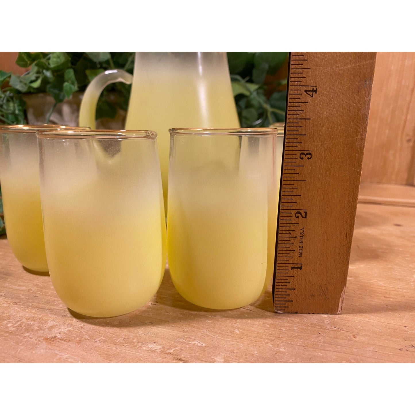 Vintage Blendo Frosted Yellow Glass Pitcher and Tumblers - Set of 7 | Midcentury Modern Drinkware Set | Blendo Pitcher + Glasses