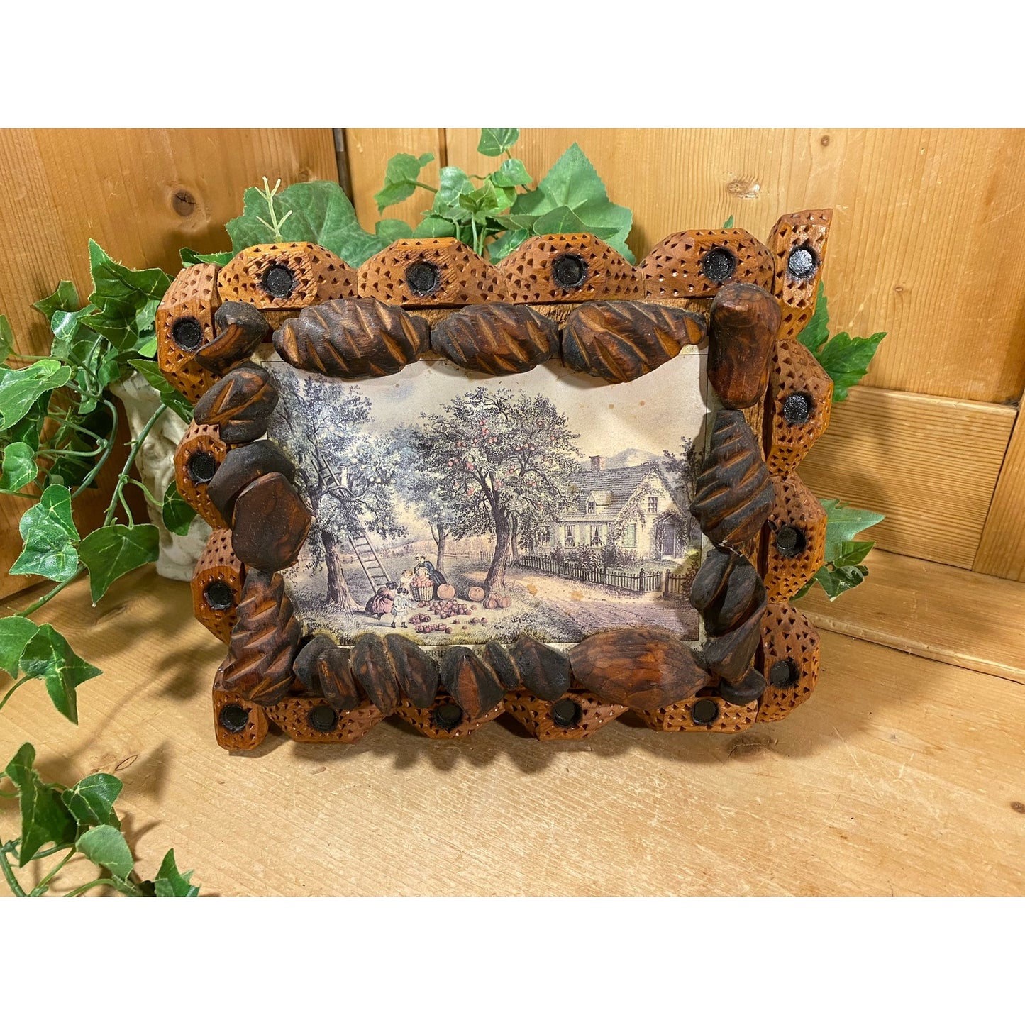 Vintage Art Print In Folk Art Frame | Farmhouse and Orchard Scene | Rustic Farmhouse Wall Decor | Primitive Wall Decor | Folk Art Decor