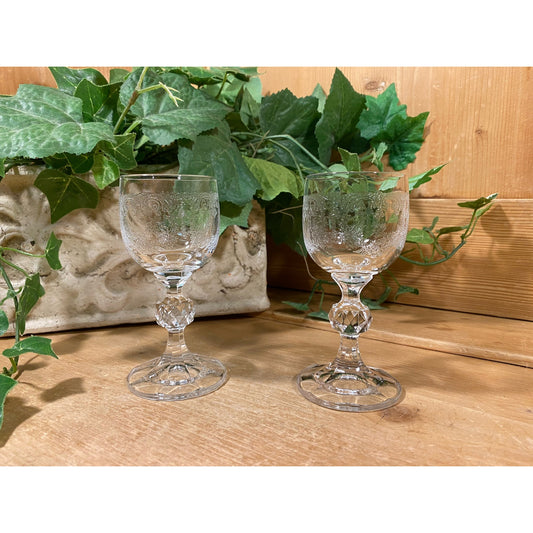 Vintage Clear Glass Stemmed Cordial Glasses with Embossed Pattern - Set of 2 | Aperitif Liqueur Glasses | Small Stemmed Goblets | Victorian