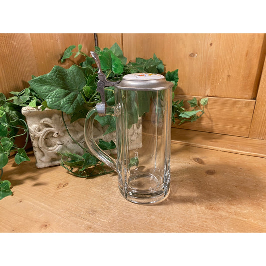 Vintage Feldschlosschen Glass Beer Stein | Swiss Brewery | Glass Beer Mug with Pewter Lid and Handle | Academia | Traditional German Stein