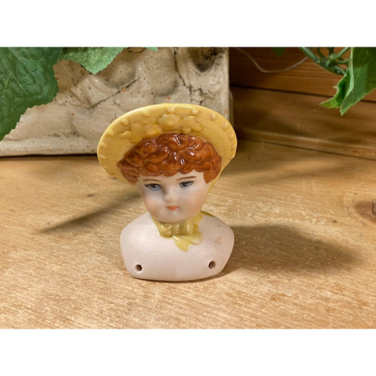 Vintage Bisque Porcelain Doll Head with Curly Brown Hair and Bonnet | Bisque Doll Head with Hat | Doll Artist | Doll Making Supplies | Dolls