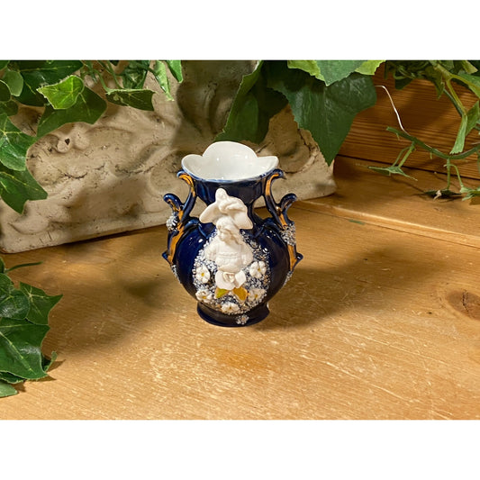 Vintage Cobalt Blue Cameo Vase | Victorian Table Decor | Blue and White Floral Vase | Victorian Shelf Decor | Scalloped Ornate Flower Vase