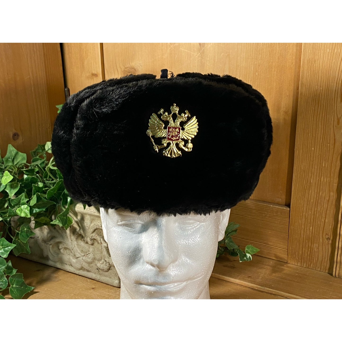 Vintage Russian Black Faux Fur Hat with Insignia Pin | Womens Fashion Faux Fur Lined Winter Hat | Vintage Womens Fashion Hat