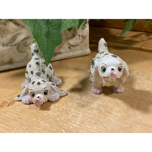 Vintage Sugar-Glazed Porcelain Dog Figurines - Set of 2 | Made In Japan | Black + White Spotted Dogs with Flowers | Midcentury Dog Figurines