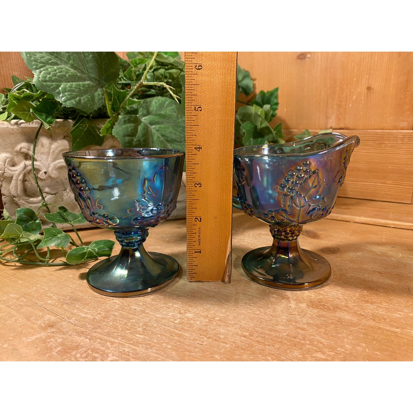 Vintage Harvest Grape Blue Carnival Glass Cream + Sugar Set | Indiana Glass | Shabby Chic | Iridescent Glass Cream Pitcher and Sugar Bowl