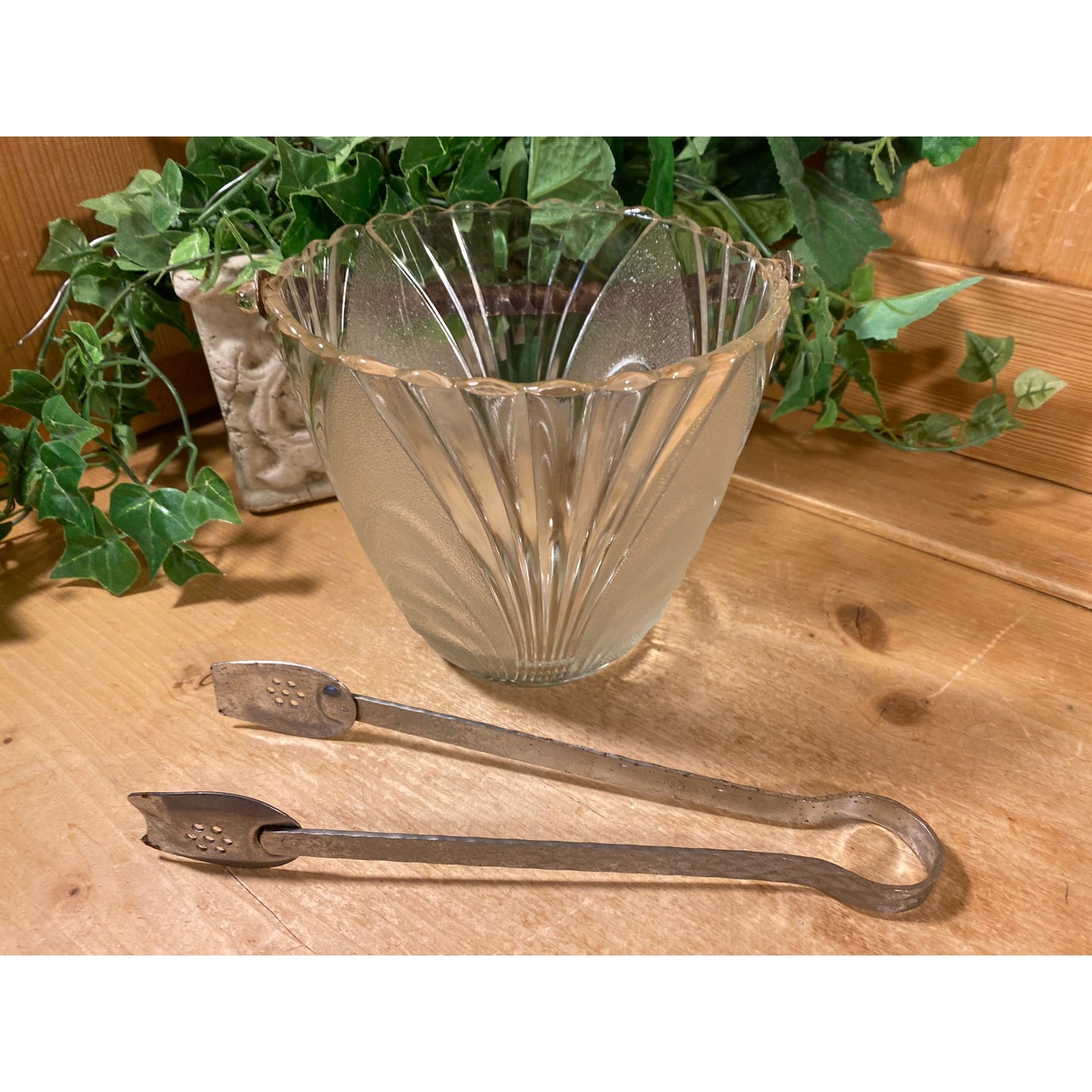 Vintage Frosted Glass Ice Bucket with Metal Handle + Tongs | Wine Chiller | MCM | Champagne | Art Deco Bucket | Midcentury Modern Barware