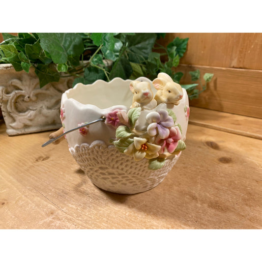 Vintage Bisque China Bowl with Two Bunnies and Floral Trim  | Cottagecore Table Decor | White Ceramic Basket with Rabbits | Easter Bunny