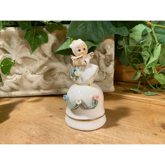 Vintage Porcelain Angel Bell | Angel Playing A Harp | Spaghetti Trim Figurine | Angel Sitting On Christmas Bell | Midcentury Christmas Decor