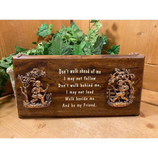 Vintage 1970s Silkscreened Wooden Friendship Plaque | "Don't Walk Ahead of Me...Walk Beside Me" | Boy & Girl On Wooden Plaque | Wall Decor