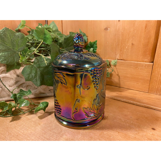 Vintage Harvest Grape Blue Carnival Glass Biscuit Jar | Indiana Glass | Shabby Chic Table Decor | Iridescent Glass Cookie Jar with Cover