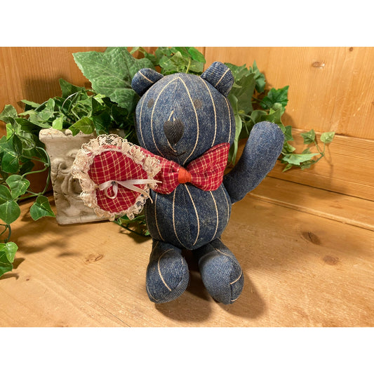 Vintage Pinstriped Denim Teddy Bear with Plaid Bow Tie and Lace-Trimmed Heart | Stuffed Teddy Bear | Retro Decor | 1980s | Collectible Bear