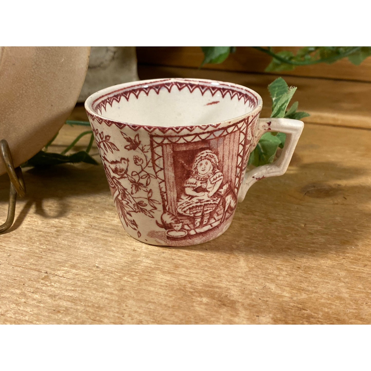 Vintage Little Mae and Pets Cup and Plate | Charles Allerton & Sons | Victorian Childs Tea Set | Made In England | Red Transferware Dish Set