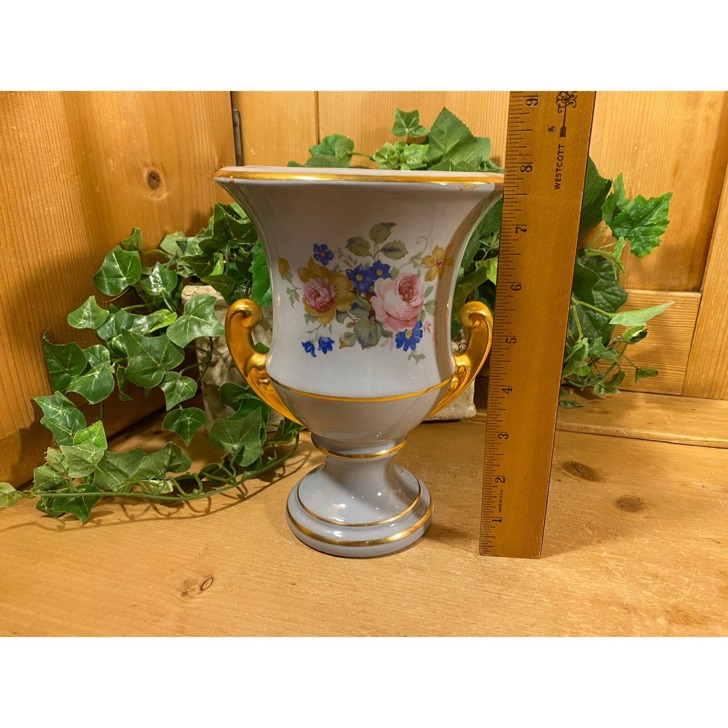Vintage Light Blue + Pink Floral Urn Vase with Gold Trim | Princeton China Pottery | Victorian Flower Vase with Two Handles | Shabby Chic