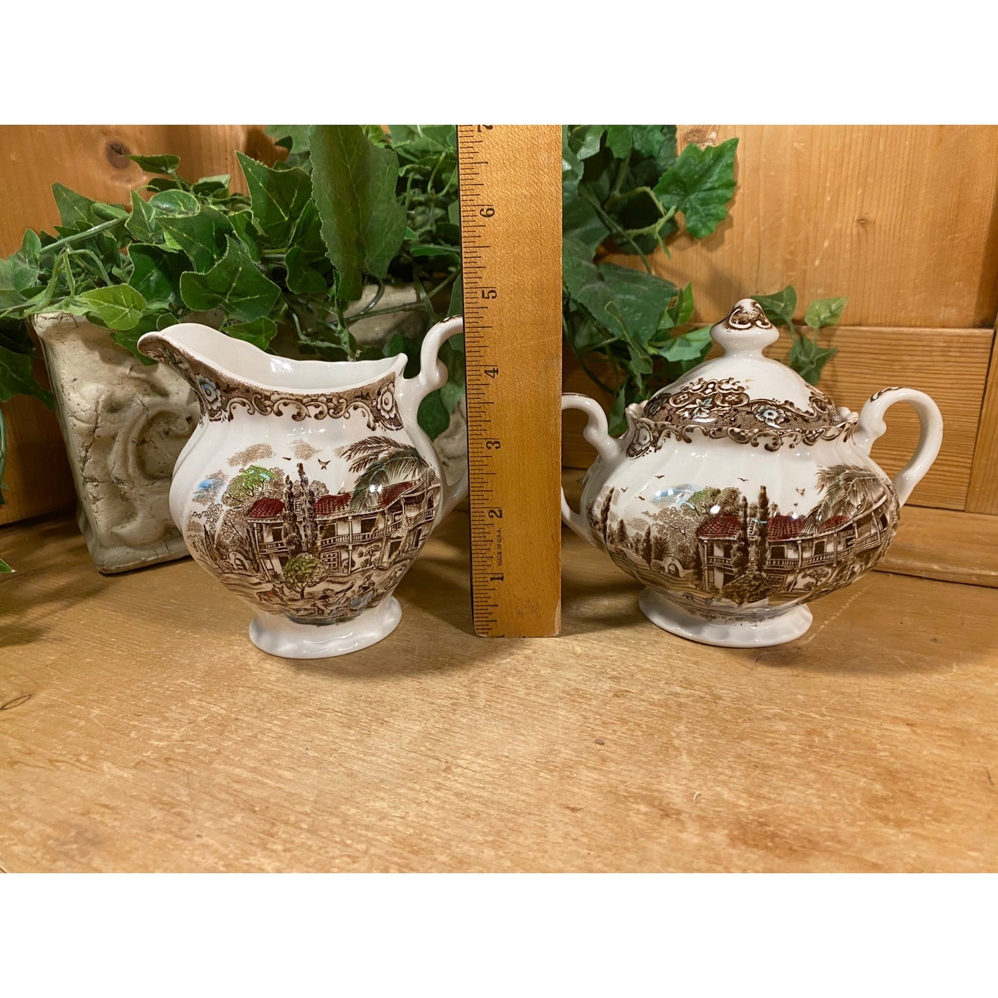 Vintage Brown Transferware Cream and Sugar Set  | Johnson Brothers | Heritage Hall | Made In England | Farmhouse | Cream Pitcher, Sugar Bowl