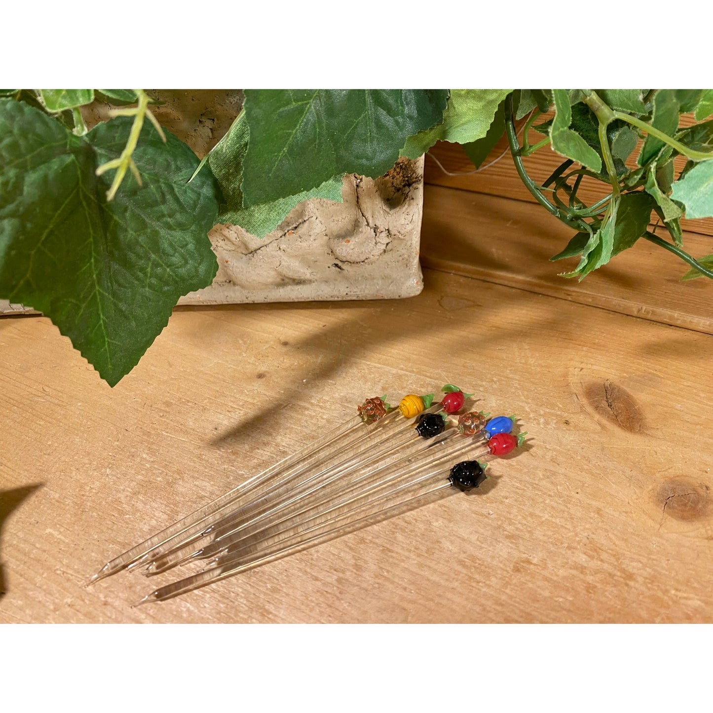 Vintage Art Glass Fruit Swizzle Sticks - Set of 8 | Art Glass Cocktail Stir Sticks | Midcentury Modern Drink Stir Sticks | Retro Barware