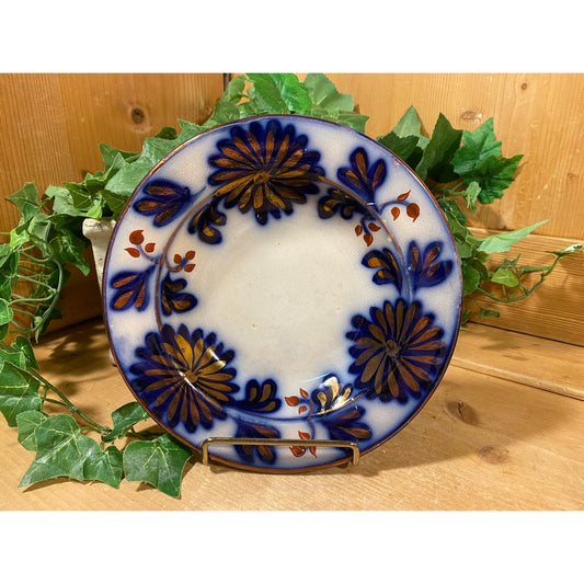 Vintage Blue Flow Dahlia Lusterware Plate | Charles Allerton | Made In England | Blue, White, Copper Floral Plate | Victorian Table Decor