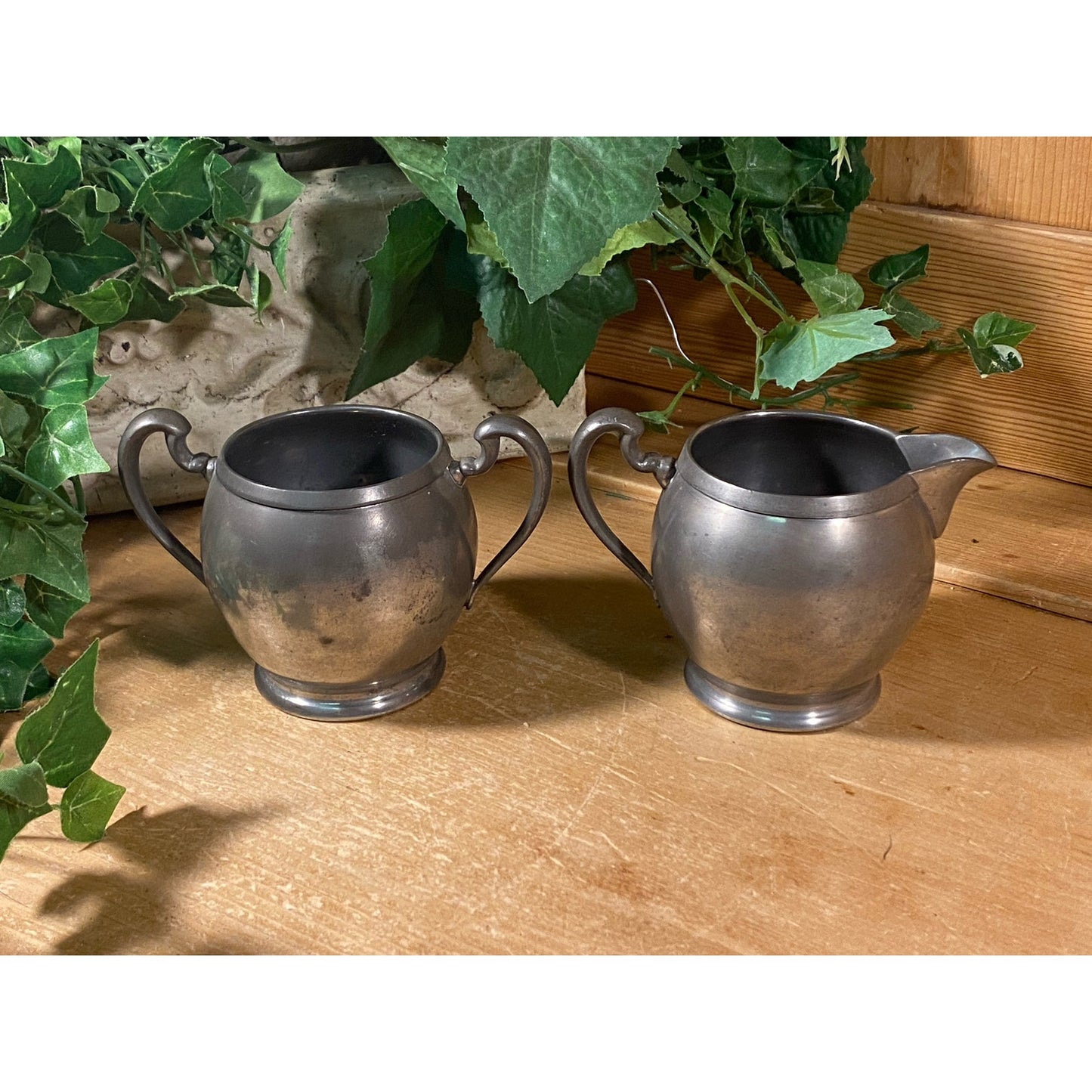Vintage Pilgrim Pewter Sugar Bowl and Creamer - Set of 2 | Academia | Metal Sugar Bowl + Cream Pitcher | Cream and Sugar Set | Victorian