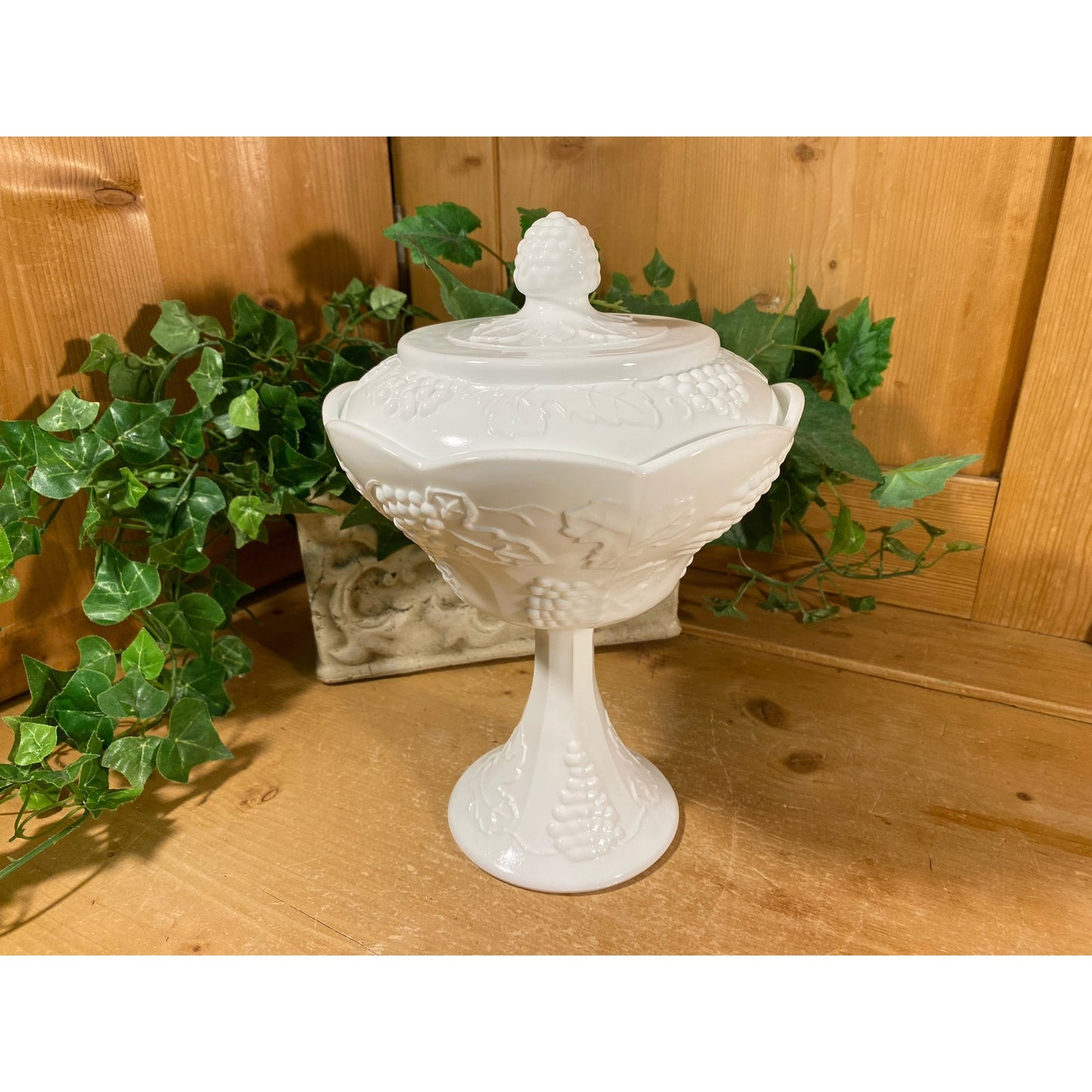 Vintage  Covered Milk Glass Candy Dish with Grapes | White Glass Pedestal Candy Dish with Cover | Milk Glass Dish | Cottagecore Table Decor
