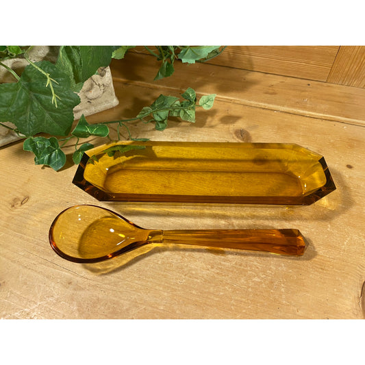 Vintage Amber Glass Dish and Serving Spoon | 1970s Table Decor | Yellow/Brown Glass Spoon and Long Geometric Dish | Midcentury Modern Decor
