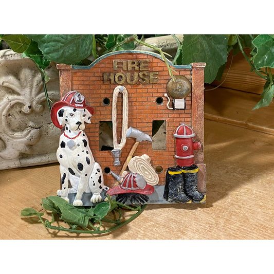 Vintage Old Fashioned Firehouse Double Switch Plate with Dalmation Dog Wearing Fireman Hat | Decorative Resin Switchplate | Fireman