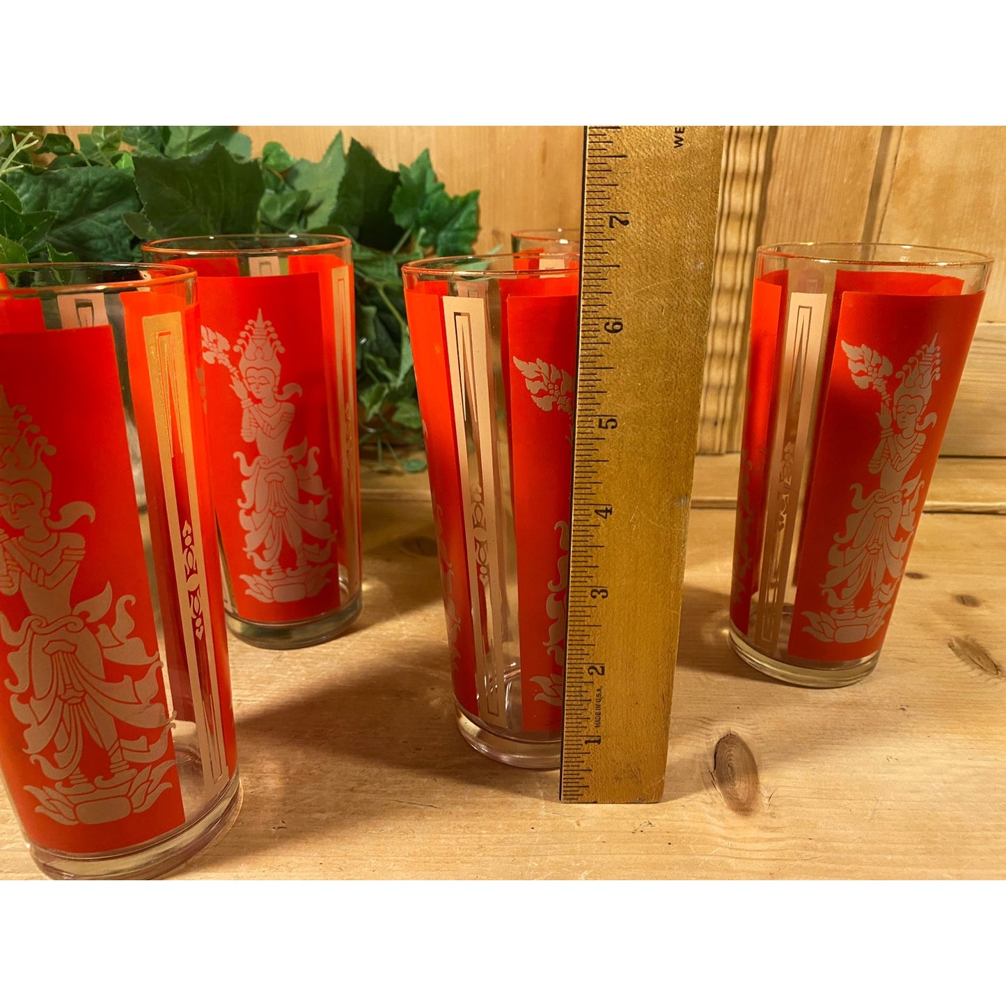 Vintage Red Thai Princess Glasses - Set of 6 | Culver | Midcentury Modern Drinking Glasses (A) | Thai Goddess | Academia | Hollywood Regency