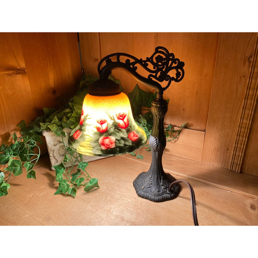 Vintage Handpainted Art Glass Table Lamp | Bridge Arm Victorian Accent Lamp | Art Glass Shade with Painted Roses | Ornate Metal Base