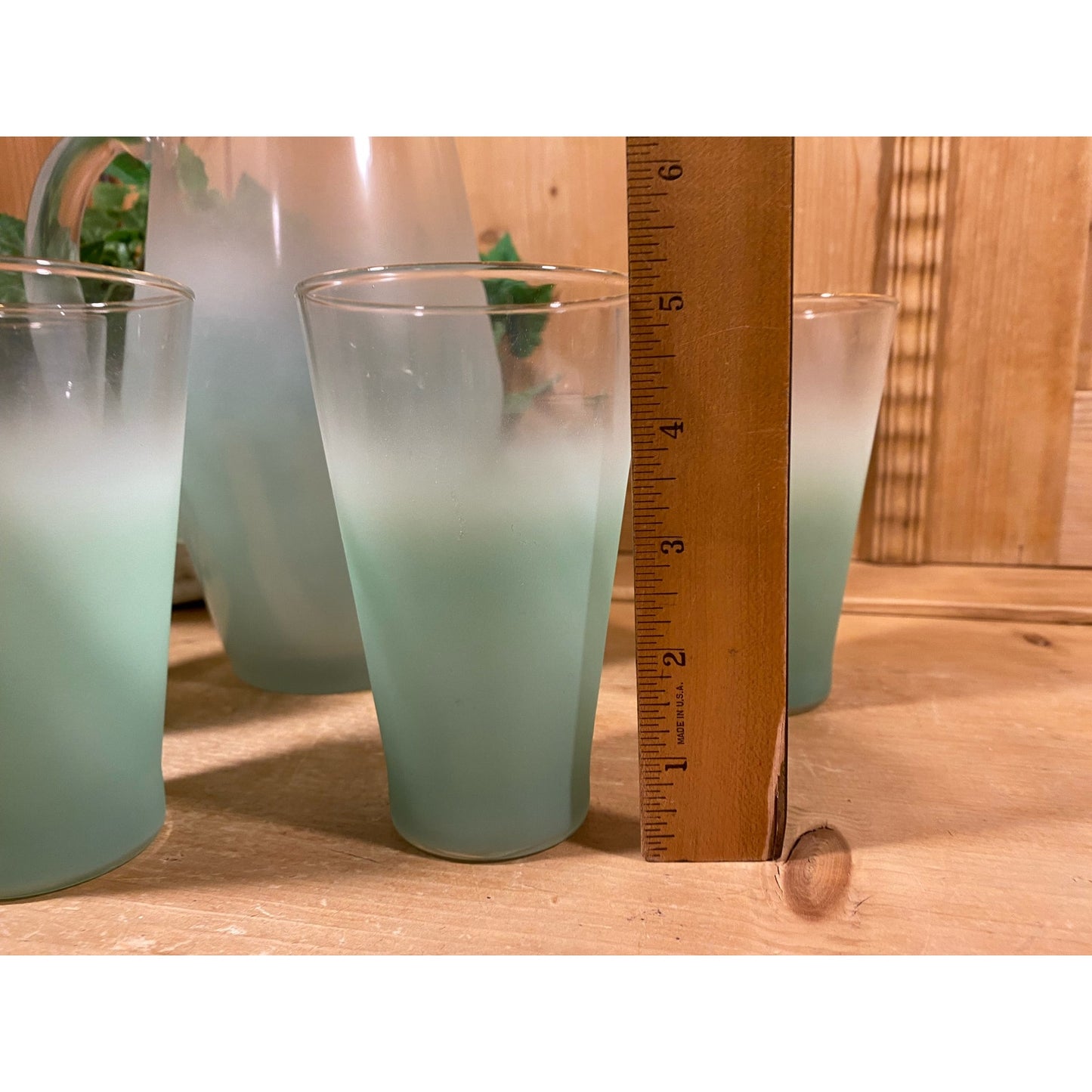 Vintage Blendo Frosted Aqua Blue Glass Pitcher and Tumblers - Set of 5 | Midcentury Modern Drinkware Set | Blendo Pitcher + Glasses