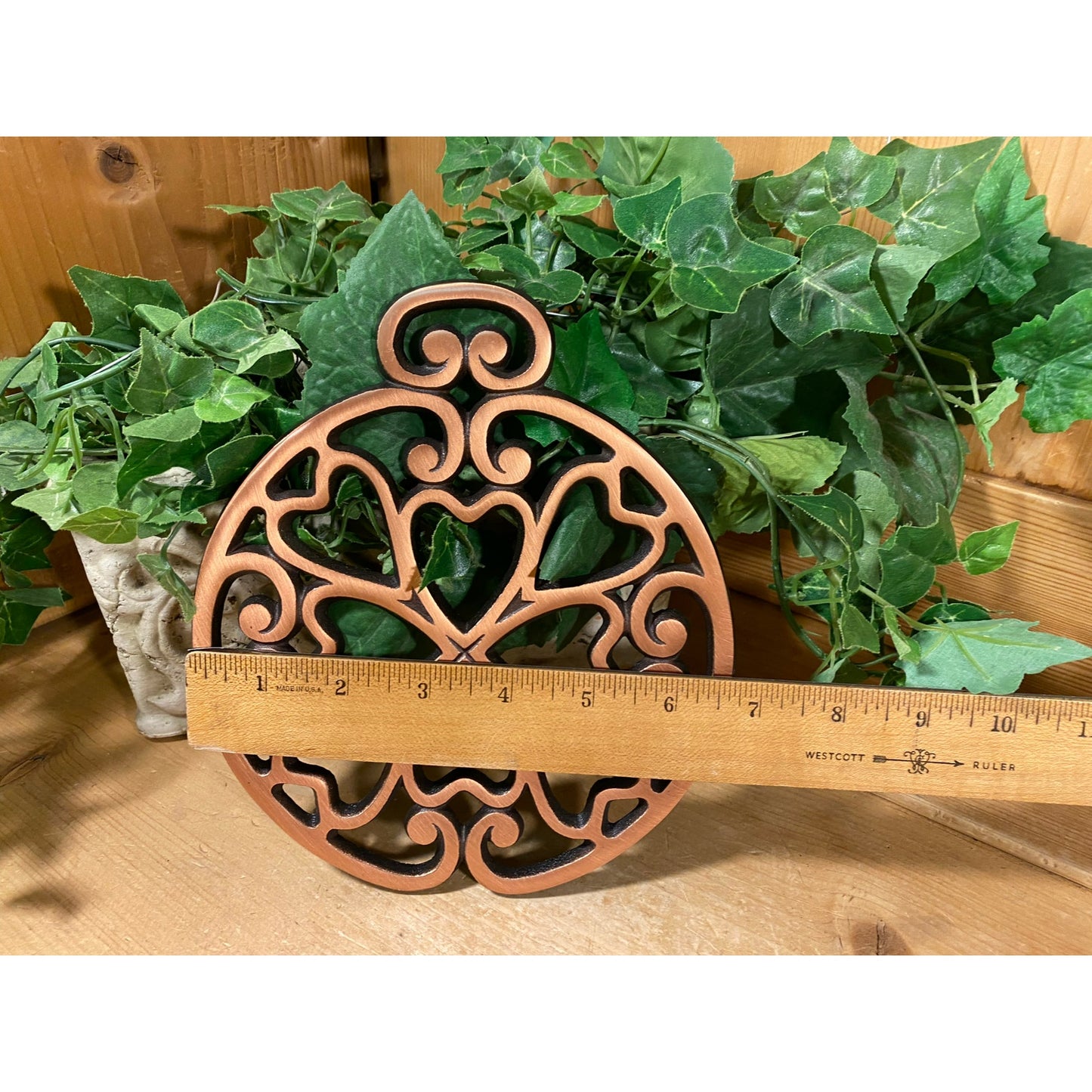 Vintage Cast Iron Coppertone Round Trivet with Hearts | Pampered Chef | 2007 | Round-Up From the Heart | 2938 | Heart Trivet | Farmhouse