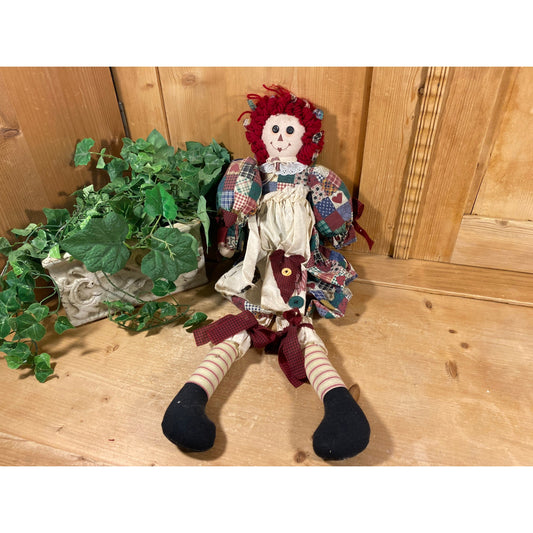 Vintage Long-Limb Raggedy Ann | Large Fabric Raggedy Ann Doll with Yarn Hair | Cloth Raggedy Ann Doll with Patchwork Dress, White Pinafore