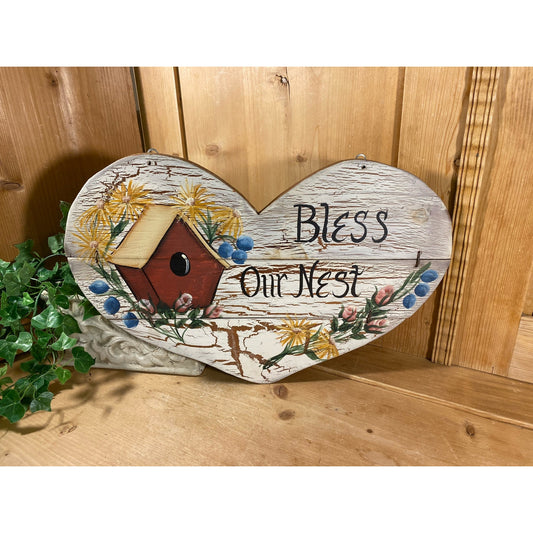 Vintage Wooden Heart "Bless Our Nest" Wall Plaque | Handpainted Birdhouse Wood Heart Sign |  Farmhouse Wall Decor | Crackle Paint Wood Heart