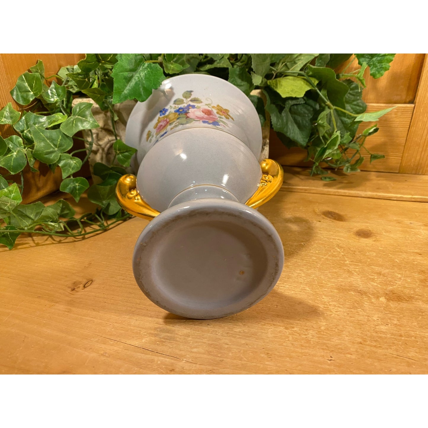 Vintage Light Blue + Pink Floral Urn Vase with Gold Trim | Princeton China Pottery | Victorian Flower Vase with Two Handles | Shabby Chic