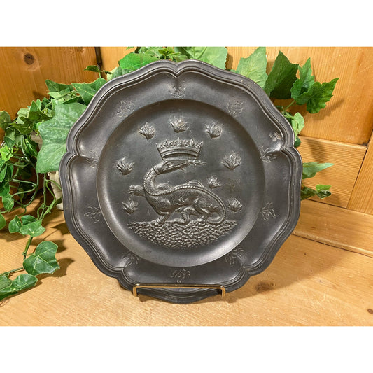 Vintage Round Metal Serving Tray with A Dragon Wearing A Crown | Academia Wall Decor | Asian Wall Decor | Metal Dragon Plate | Cottagecore