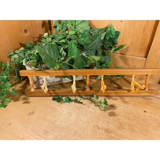 Vintage Wooden Hanging Rack with Adjustable Plastic Hooks | Midcentury Modern Wooden Rack | Farmhouse Wall Decor