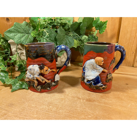 Antique Japanese Sumida Gawa Mugs -Set of 2 | Indue Ryosai Pottery | Asian | Vintage Glazed Pottery Art Mugs with 3D Figures | Academia