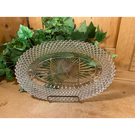 Vintage Starburst Clear Glass Oval Platter with Diamond-Point Edge | Victorian | Shabby Chic Kitchen Decor | Pressed Glass Serving Platter