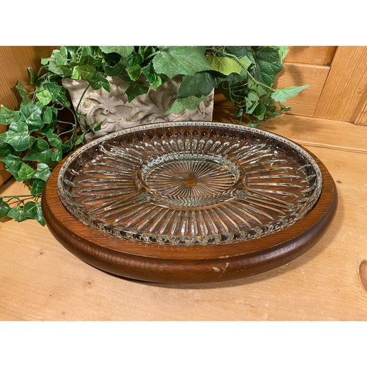 Vintage Wooden Trinket Tray with Glass Insert | 1970s Table Decor | Midcentury Modern Dresser Decor | 2 pc. Wood and Glass Trinket Tray