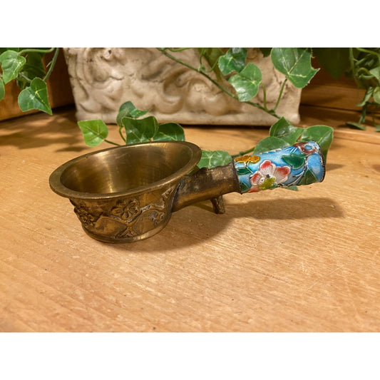 Vintage Chinese Silk Iron with Cloisonné Handle | 1930s Brass Scoop with Flowered Enamel Handle | Cottagecore Shelf Decor | Asian Silk Iron