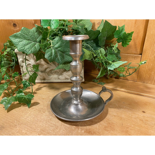 Vintage Pewter Candlestick with Drip Plate and Finger Loop Handle | Metal Taper Candle Holder | Rustic Farmhouse Table Decor | Academia